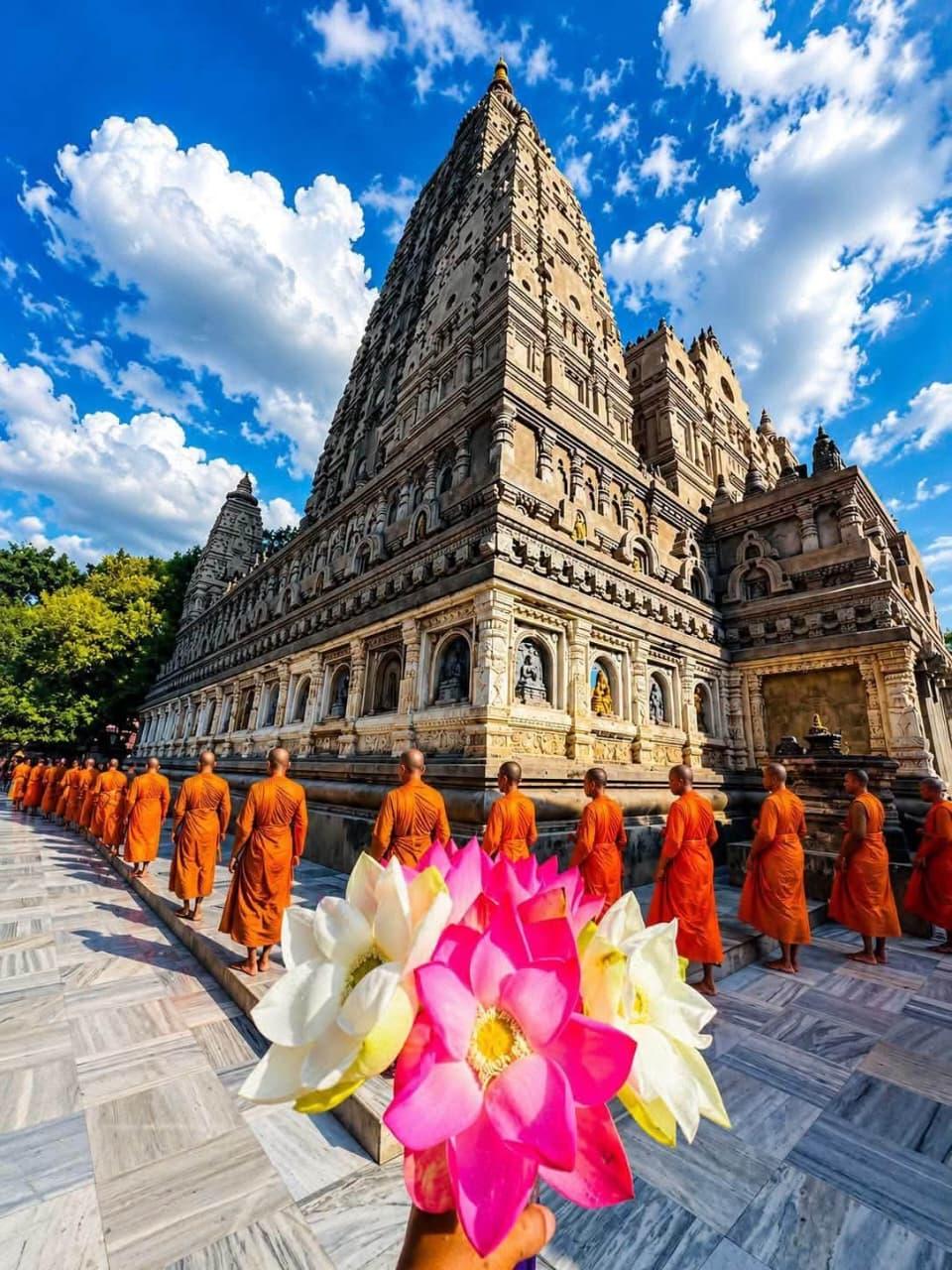 Mahabodhi Temple at sunrise with monks in saffron robes